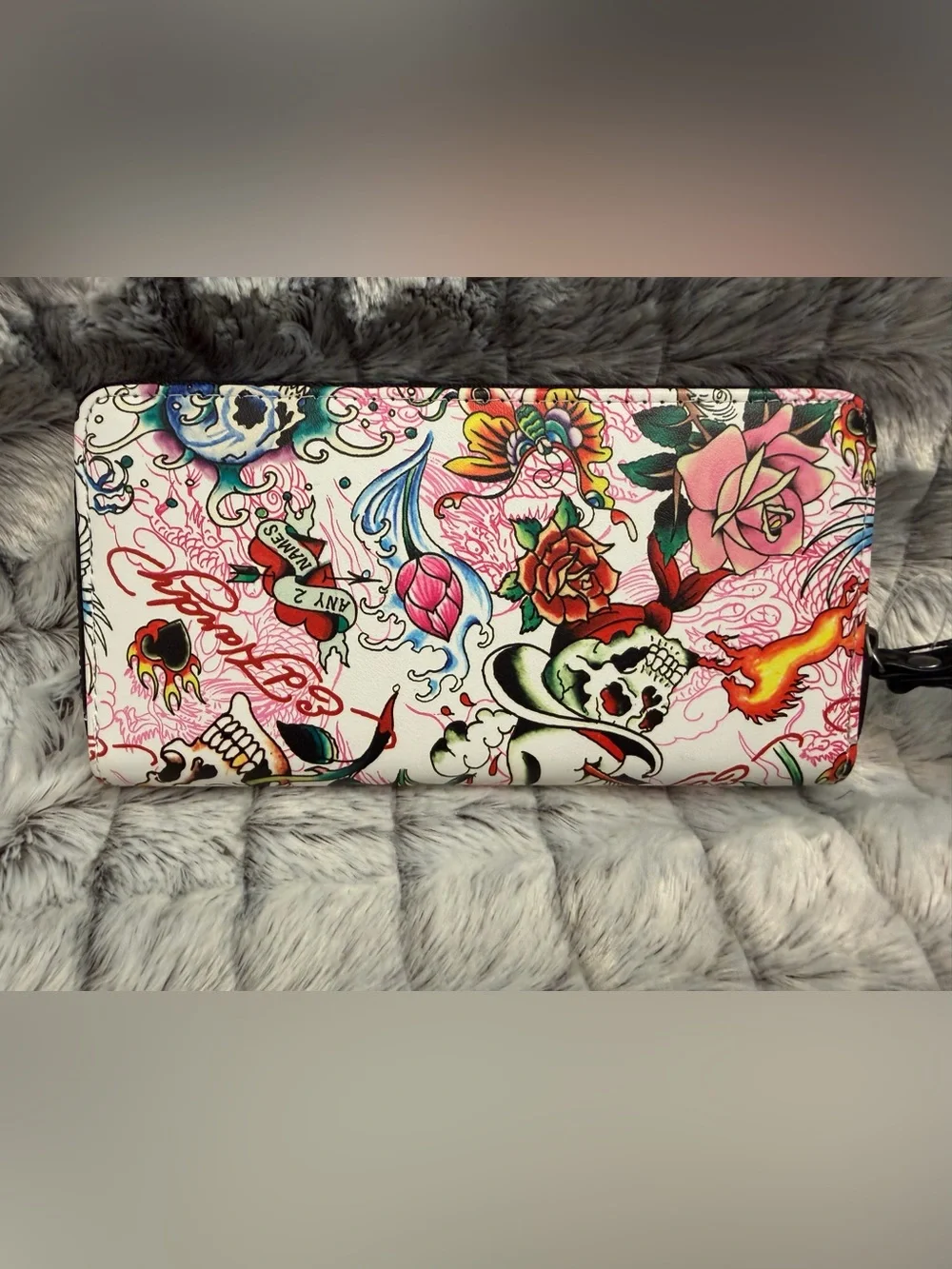 Ed Hardy Pink Metallic Skull & Rose Zip Wristlet